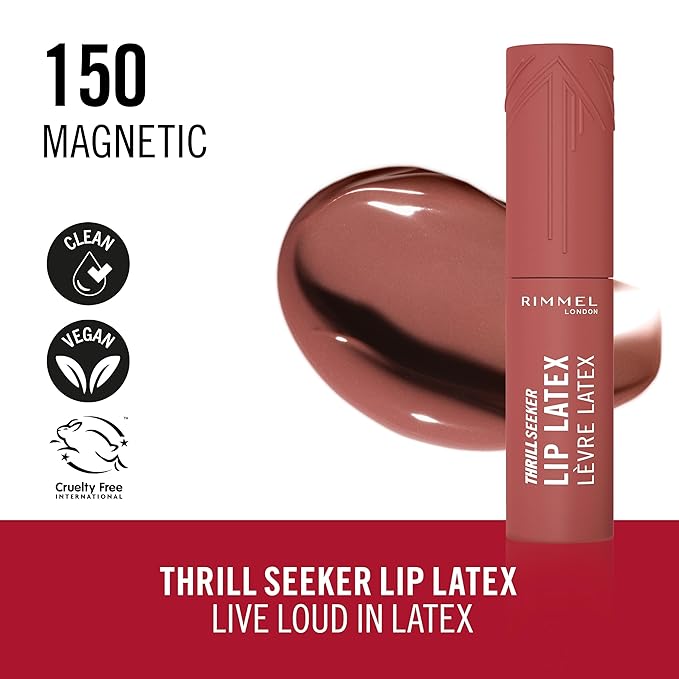 Rimmel Thrill Seeker Lip Latex, 150 Magnetic, Liquid Lipstick, Lipgloss, Lip Colour, Hyaluronic Lipstick, Lip Stain, Smooth Shine, Hydration, Hyaluronic Acid, Vitamin E, Aloe Vera, 0.2oz