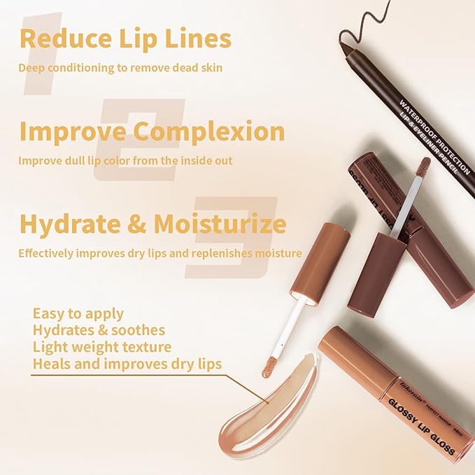 2 Colors Nourishing Lip Gloss Hydration Non-Sticky Plumping Lip Kit for Women, Natural Nude Tinted Lip Glow Oil Moisturizing Lightweight Long Wear Shiny Liquid Lipstick with Lip Liner Combo