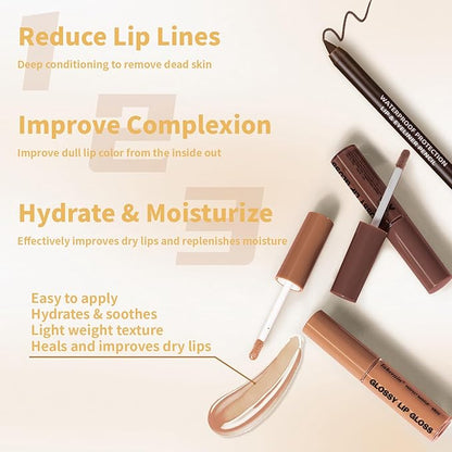2 Colors Nourishing Lip Gloss Hydration Non-Sticky Plumping Lip Kit for Women, Natural Nude Tinted Lip Glow Oil Moisturizing Lightweight Long Wear Shiny Liquid Lipstick with Lip Liner Combo
