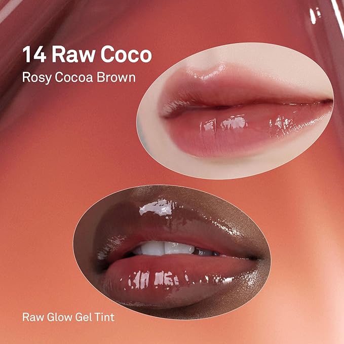 HINCE Raw Glow Gel Tint - Glossy Dewy Lip Tint, Non-Sticky & Long Wearing Lip Gloss for Natural Glass Glow, Moisturizing Liquid Lipstick, Vegan, 0.13 fl.oz. (RAW COCO, 14)