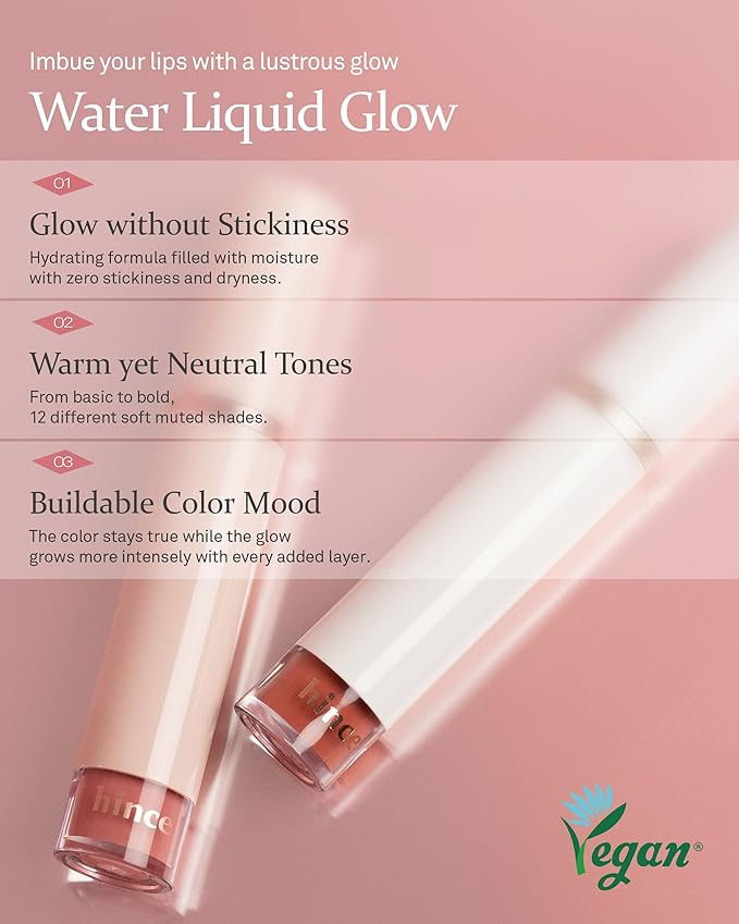 HINCE Mood Enhancer Water Liquid Glow - Non-Sticky & Waterproof Lip Stain for Women - Long Wearing Lip Gloss for Natural and Glass Glow - Moisturizing Liquid Makeup, 0.16 fl.oz. (GIFTED)