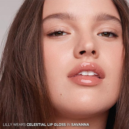 Kevyn Aucoin Celestial Lip Gloss, Savanna (iridescent dusty peach): Light reflecting shine & sheer. Precision makeup artist applicator. Hydrating and not-sticky. Multi-dimensional 3D plumping effect.