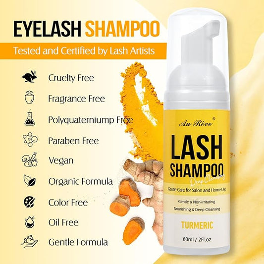 Lash Shampoo for Lash Extensions 60 Ml/2fl.oz Eyelash Extension Cleanser Oil Free Lash Cleanser for Eyelash Care, Gentle Foaming Eyelash Shampoo with Brush for Salon Home Care (Turmeric 60ml)