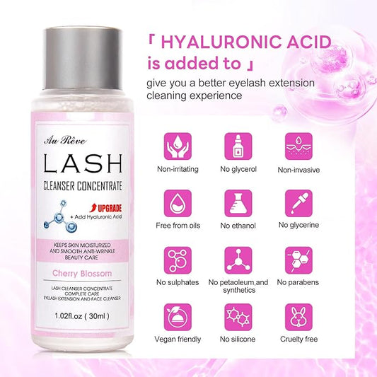 Lash Shampoo Concentrate 30ml Lash Cleanser Concentrate Add Hyaluronic Acid Oil-Free Lash Extension Shampoo Perfect for Salon，Cherry Blossom