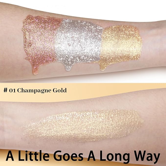 UCANBE Face Body Glitter Liquid Highlighter Illuminator Dewy Drops with Makeup Brush, Makeup Sparkle Shine Luminizer Enhancer Skin Tint 50ml/1.69oz (01 Champagne Gold, Standard)