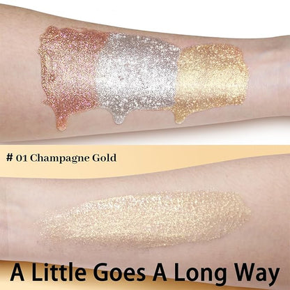 UCANBE Face Body Glitter Liquid Highlighter Illuminator Dewy Drops with Makeup Brush, Makeup Sparkle Shine Luminizer Enhancer Skin Tint 50ml/1.69oz (01 Champagne Gold, Standard)
