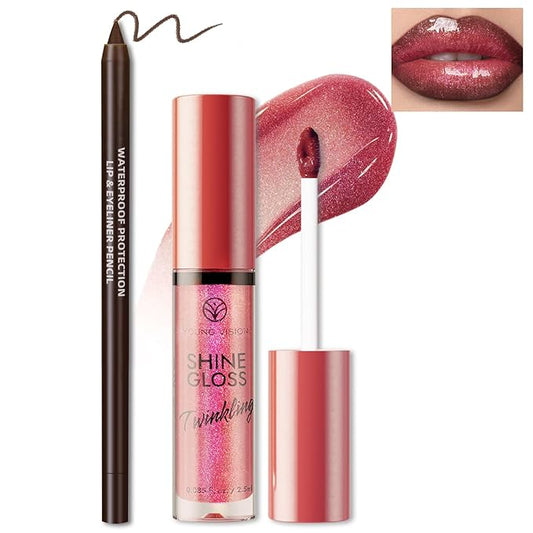 Glitter Lip Gloss with Brown Lip Liner Set Lip Combo, Moisturizing High Shine Shimmer Lip Glow Oil Fresh Lightweight Glossy Plumping Lip Tint for Women Long Wear Liquid Lipstick Makeup#8