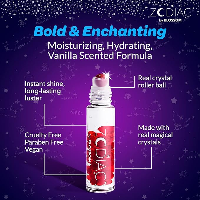 Blossom Lip Gloss Zodiac Sign Vanilla Scented Roll-On Lip Gloss, Moisturizing + Hydrating with Zodiac Crystals, Made in USA, 0.20oz, Aries