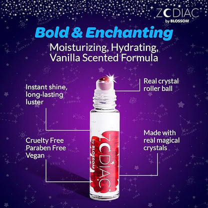 Blossom Lip Gloss Zodiac Sign Vanilla Scented Roll-On Lip Gloss, Moisturizing + Hydrating with Zodiac Crystals, Made in USA, 0.20oz, Aries