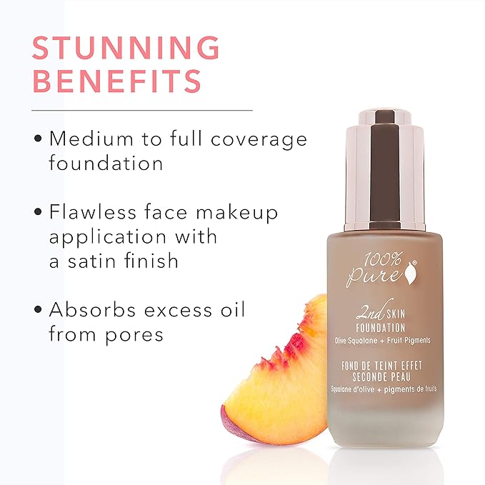 100% PURE 2nd Skin Foundation, Shade 6, Full Coverage, Lightweight, Blendable Formula, Satin Finish, Absorbs Oil, Anti-Aging, Natural, Vegan Makeup (Neutral w/Cool Undertone) - 1.18 Fl Oz