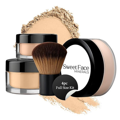 4pc Full Size Kit (Warm Shade) Mineral Makeup Matte Translucent Loose Foundation + Kabuki Brush + Concealer + Finishing Setting Powder + Bare Face Full Coverage SPF 30 All Skin Types Waterproof