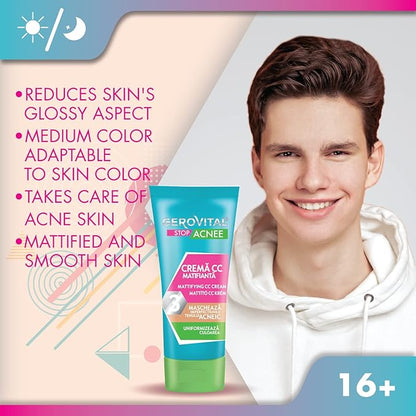 GEROVITAL STOP ACNE Mattifying CC Cream for Acne Prone Skin, Covers Imperfections, Evens Out the Face Color, Medium Shade Adaptable to Skin Tone, 30 ml
