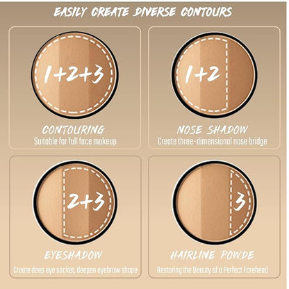 3in1 Face Contour Palette Powder, Face Bronze Powder Bronzer Palette, Sculpting Contouring Makeup Palette with Brush, Coffee Brown Contour for Warm Tone Skin, Natural High-Pigmented Blendable