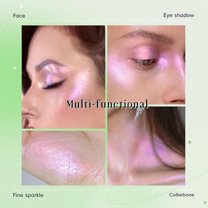 Face Highlighter Palette, Lunar Glow Highlighter Powder Makeup, Chameleon Glitter Shimmer Body Cheek Eye Highlighter, Multichrome Sparkle Holographic Color Shifting Silky Creamy Illuminator#02