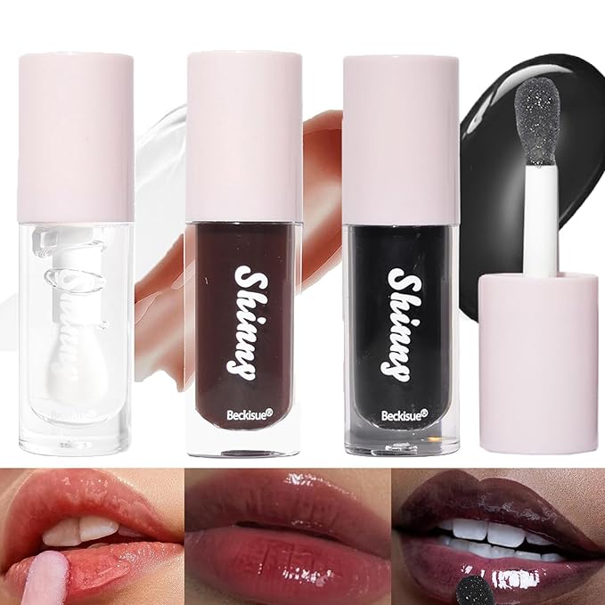 Translucent Black Lip Gloss, Clear/Cherry/Sugar Lip Oil, Plumping Hydrating Mirror Highlight Gloss - Moisturizing Long Lasting & Non-Sticky Vegan Makeup (3Pcs)