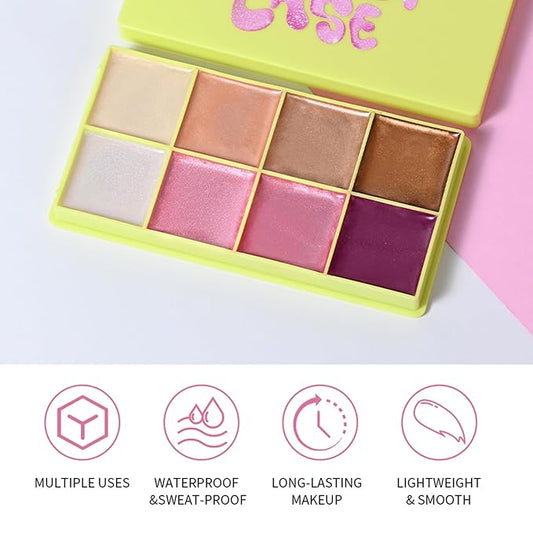 8 Colors Multi-use Cream Contour Highlighter Palette Makeup,Concealer Palette for Cheek Eye Nose Face Body,Cheek Lip Tint,Lightweight Soft Buildable Blendable Natural Look