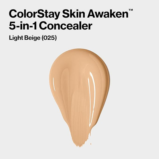 Revlon ColorStay Skin Awaken 5-in-1 Concealer, Lightweight, Creamy Longlasting Face Makeup with Caffeine & Vitamin C, For Imperfections, Dark Circles & Redness, 025 Light Beige, 0.27 Fl Oz