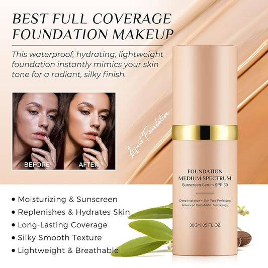 Color Changing Foundation 4 in 1 Medium Spectrum, Flawless Foundation Color Changing Makeup Full Coverage Warm Skin SPF50+, Waterproof Hydrating Liquid foundation for Hides Wrinkles and Lines