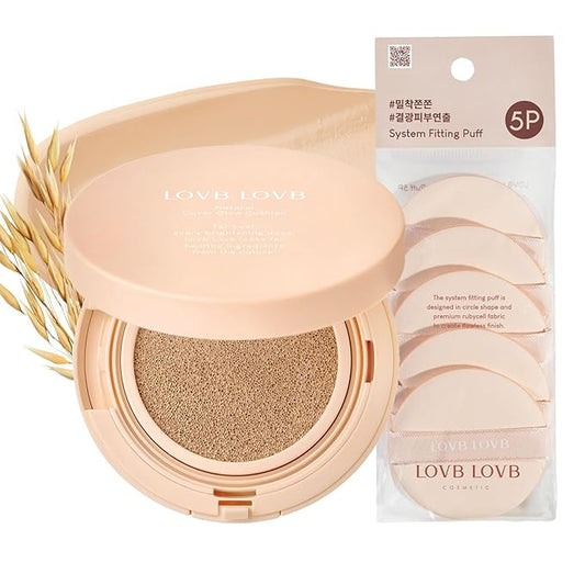 Cushion Foundation 0.42 Oz (21N Light Beige) + System Fitting Puff 5EA | Long-Lasting Buildable Coverage | Korean Cushion Makeup | Face Makeup Tool for Liquid Foundation
