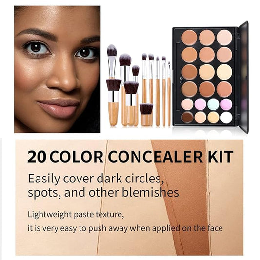 Pure Vie 20 Colors Hydrating Full Coverage Correcting Concealer Palette Camouflage Makeup Contour Kit for Conceals Corrects Dark Circles Acne + 11 Pcs Foundation Powder Concealer Eyeshadows Brushes