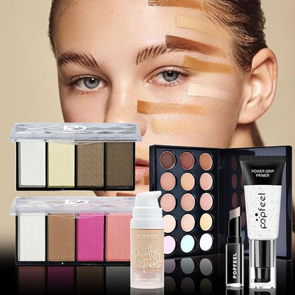 All in One Makeup Kit for Women Full Kit Girls Makeup Gift Sets Xmas Essential Bundle Include Eyeshadow Palette Lipstick Blush Concealer Eyeliner Mascara Foundation Brush Eyebrow Pencil