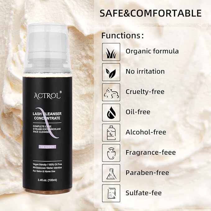 Eyelash Cleanser Concentrate 100ml Ice Cream Professional Lash Shampoo Foaming Cleanser DIY Paraben & Sulfate Free Non-lrritating Wash for Extensions Lashes with Salon Care-Makes 20 Bottles
