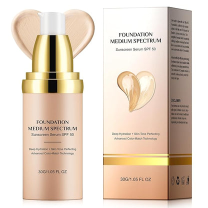 Color Changing Foundation SPF 50+, Foundation 4 in 1 - Medium Spectrum Long-Lasting ＆ Waterproof, Moisturizing ＆ Concealing 30g/1.05 fl.oz