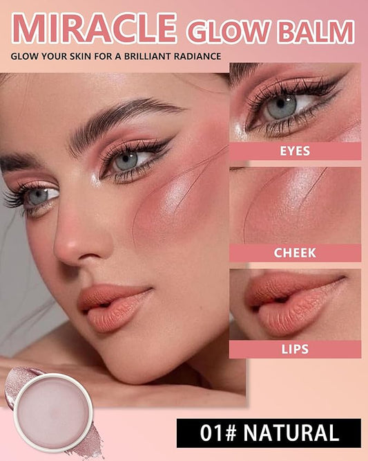 Miracle Glow Balm - Hydrating Tinted Cream Blush, Multi-Use Glow Face Balm Makeup for Cheek & Eye & Lip Tint, Creamy Lightweight Blendable Highlighter Blusher, Radiant Skin Finish, 01#Natural