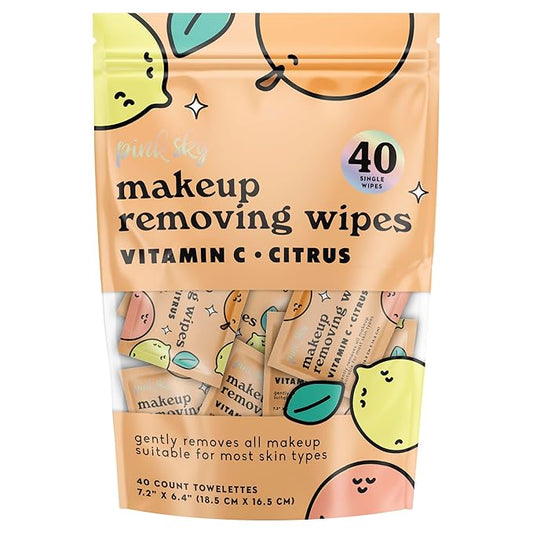 Pink Sky Makeup Remover Wipes for Face - Ultra Soft, Mini Makeup Wipes Individually Wrapped, Travel Makeup Wipes, Gently Cleanse & Remove, 40 Count (40 Wipes, VITAMIN C & CITRUS)