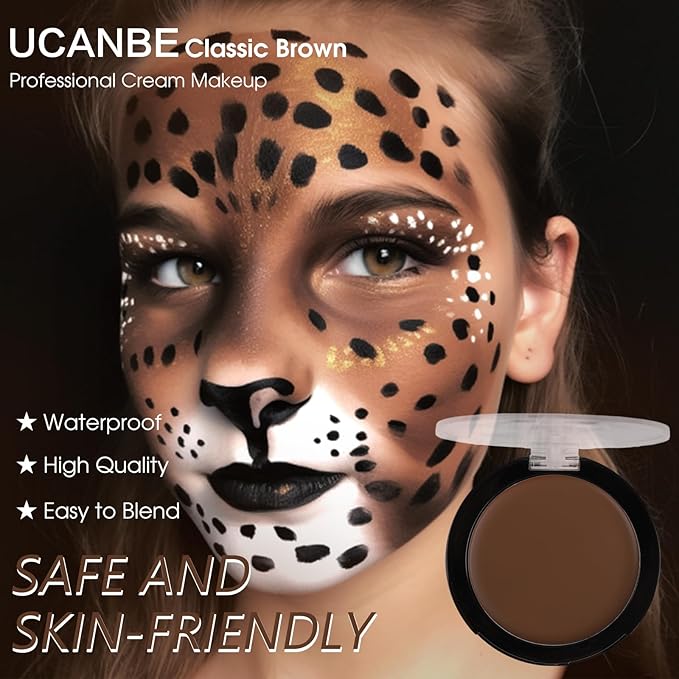 UCANBE Brown Face Body Paint Makeup Foundation, Non-Toxic Greasepaint for Kids & Adult, Waterproof Cream Face Painting Kit for Halloween Werewolf Leopard Camo Hunting SFX Make Up, Cosplay & Costumes