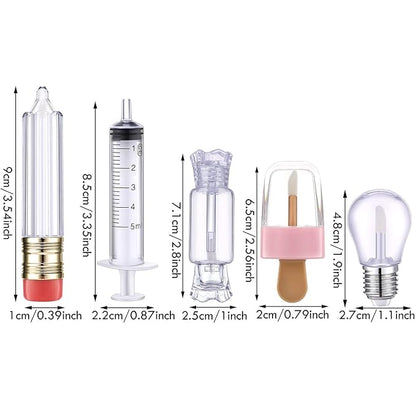 28 Pieces Transparent Empty Lip Gloss Tube Containers, Include 24 Pencil and Candy Shaped Oil Bottles, Ice Cream Funny Light Bulb Balm Tube, 4 Plastic Syringe for Women Girls DIY