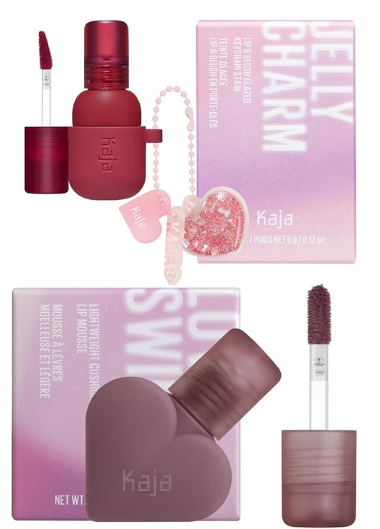 Kaja Lip & Blush Glazed Keychain Stain - Jelly Charm 02 Squeeze Guava + Lip Mousse - Love Swipe 05 I'm Melting, 0.22 Oz Bundle