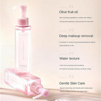 Novo Soothing Makeup Remover Oil – Hydrating, Non-Irritating, Deep Cleansing for Face, Eyes & Lips, Olive Oil, Vitamins E/A/D, Chamomile & Aloe, Dual-Phase Emulsification, For All Skin Types.