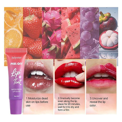 Peel Off Lip Stain Lip Tint 6 Colors, Fruity lip stain peel off, Tattoo Magic Color Lip Gloss Sets, Lip Oil for Women Colorful Glossy Lipstick Waterproof Long Lasting Make up Gift Set
