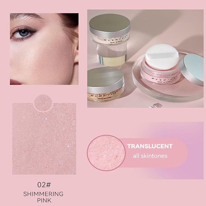 Pink Translucent Setting Powder, Shimmer Setting Powder Waterproof Oil Control Tone-up Face Powder Highlighter Makeup Finishing Long-Lasting Loose Shimmer Powder for All Skin Types