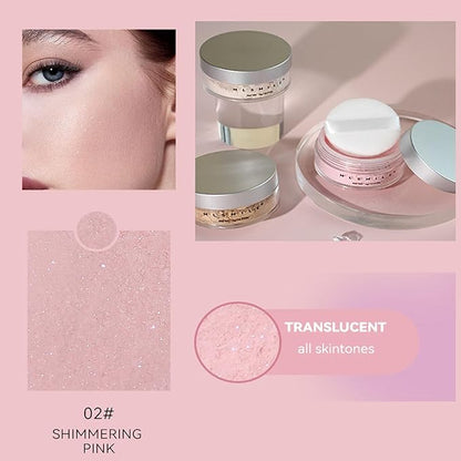 Pink Translucent Setting Powder, Shimmer Setting Powder Waterproof Oil Control Tone-up Face Powder Highlighter Makeup Finishing Long-Lasting Loose Shimmer Powder for All Skin Types