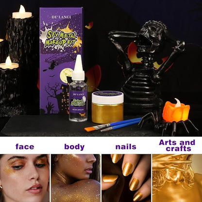 Gold Face Body Paint Metallic Powder Kit, Highly Pigmented Golden Metal Powder Face Painting with Mixing Liquid (1.06oz) and 2 Brushes, Halloween Makeup Kit for Special FX, Stage, Cosplay, Craft, Cos
