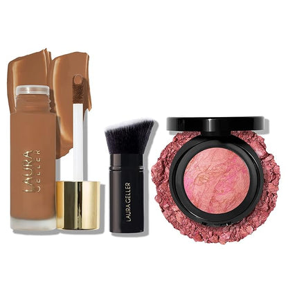 LAURA GELLER NEW YORK The Classic Matte Look - Liquid (3 Piece) Double Take Liquid Foundation Deep, Retractable Kabuki Brush, Baked Blush-n-Brighten Pink Buttercream