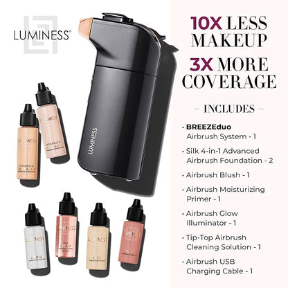 Luminess BREEZE DUO Airbrush Makeup System, Fair Coverage – 9-Piece Kit includes 2x Silk Airbrush Foundation, Soft Rose Blush, Glow Highlighter, Moisturizer Primer, and Airbrush Cleaning Solution