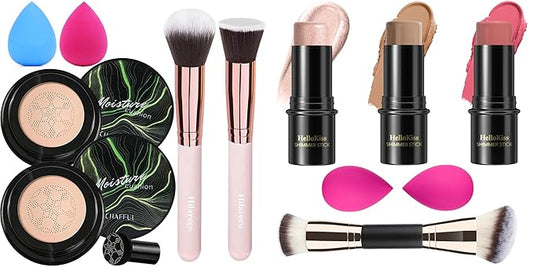 2 PCS Mushroom Head Air Cushion CC Cream Nature Foundation,3 Pcs Cream Contour Stick Makeup Kit, Shades with Highlighter Stick, Blush Stick and Bronzer Contour Stick