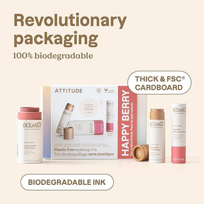 ATTITUDE Happy Berry Makeup Trio Set, EWG Verified, Titanium Dioxide-Free, Plastic-free, Plant and Mineral-Based Ingredients, Vegan and Cruelty-free Beauty Products, Set of 3 Makeup Sticks