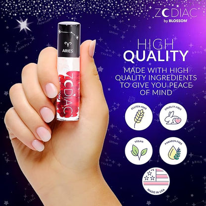 Blossom Lip Gloss Zodiac Sign Vanilla Scented Roll-On Lip Gloss, Moisturizing + Hydrating with Zodiac Crystals, Made in USA, 0.20oz, Aries