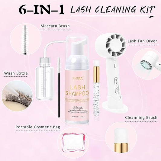 EMEDA Lash Shampoo Kit 2.02 fl oz Lash Cleaning Kit with Rechargeable Fan Dryer/Brush/Rinse Bottle, Oil-free Cleanser Wash for Extensions & Clusters & Natural Lashes, Cleaner for Eyelash Care(White)