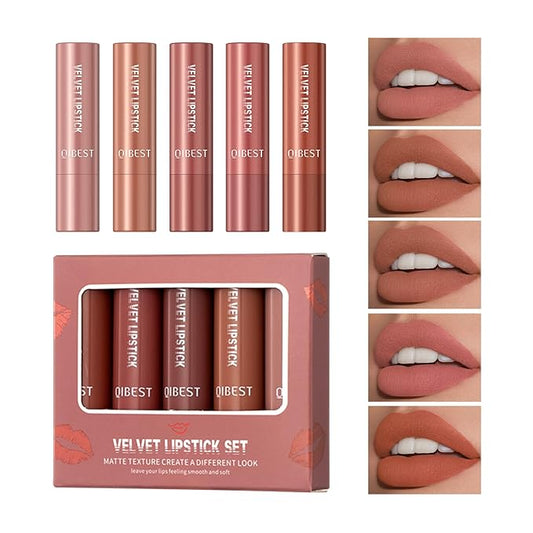 5Pcs Velvet Matte Nude Lipstick Set - Long-lasting Color, Silky Matte Finish, Soft Mousse Texture, Enhances Color and Plumps Lips, Lightweight and Non-Sticky (Set A, 5 Count (Pack of 1))