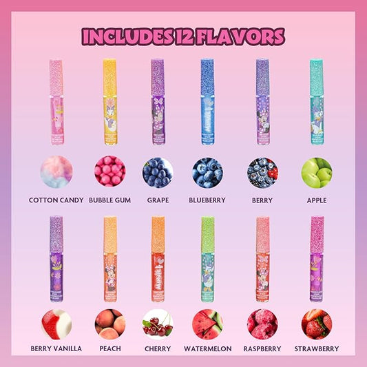 Disney Minnie Mouse 12 Piece Plant Based Lip Gloss, Girls Party Favors, First Makeup Set for Girl, Perfect for Parties, Sleepovers, and Birthday Gifts, Ages 3+, by Townley Girl