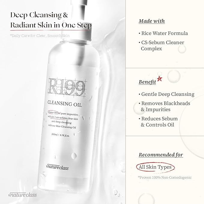 NATURECLASS] R199 Rice Cleansing Oil- Fast Emulsification, Pore-Cleansing, Blackhead Removal without Clogging Pores, Makeup Dissolving, and Hydrating Formula, Korean Skincare 6.76 Fl Oz