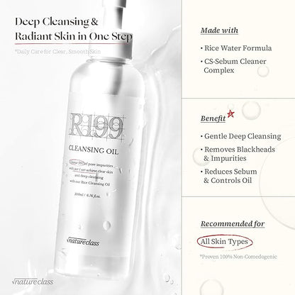 NATURECLASS] R199 Rice Cleansing Oil- Fast Emulsification, Pore-Cleansing, Blackhead Removal without Clogging Pores, Makeup Dissolving, and Hydrating Formula, Korean Skincare 6.76 Fl Oz