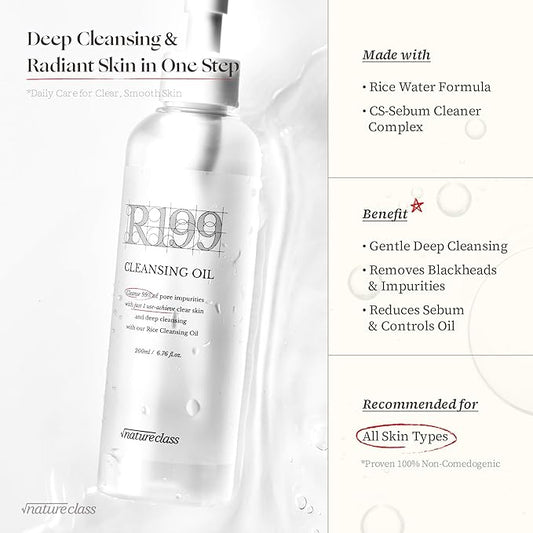 NATURECLASS] R199 Rice Cleansing Oil- Fast Emulsification, Pore-Cleansing, Blackhead Removal without Clogging Pores, Makeup Dissolving, and Hydrating Formula, Korean Skincare 6.76 Fl Oz
