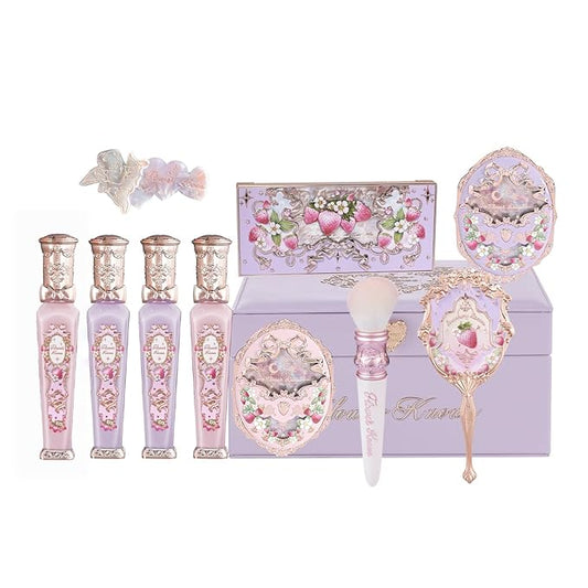 Flower Knows Violet Strawberry Rococo All-In Gift Set,11 Pack Makeup Box with Mirror,Lip Gloss×4+Blush×2+Eyeshadow Palette+Blush Brush×1+Handheld mirror×1+Hair Clip×1+Gift Box×1