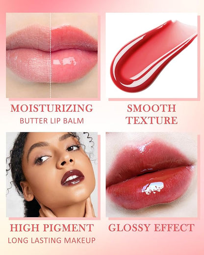 Tinted Lip Butter Balm-3 Colors Vanilla Beige Brown Pink Sugar Lip Gloss,Clear Jelly Yummy Tint Lip Stain,Long Lasting Hydrating Glow Reviver Lip Care Oil,Women's Day Makeup Gift for Women-Set A
